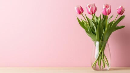 Wall Mural - Elegant pink tulips in a clear vase against a soft pink backdrop