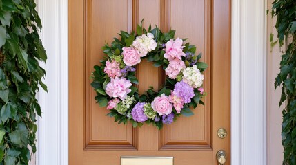 Wall Mural - Beautiful floral wreath decoration on a welcoming front door in springtime