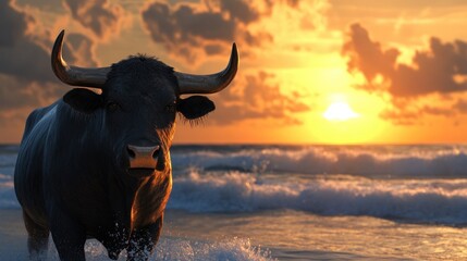 Wall Mural - A bull standing in the ocean at sunset, creating a striking contrast with the waves.