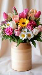 Wall Mural - Beautiful bouquet of white tulips and daisies arranged in a wooden vase for a bright indoor setting