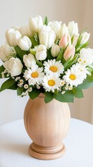 Wall Mural - Beautiful bouquet of white tulips and daisies arranged in a wooden vase for a bright indoor setting