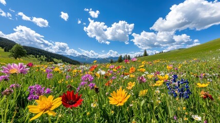 Wall Mural - Vibrant wildflower field under a sunny blue sky with fluffy clouds in a picturesque landscape