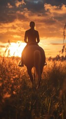 Woman riding horse against sunset in natural field filled with tall grass and golden hues