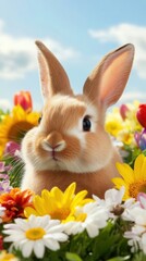 Wall Mural - Cute rabbit surrounded by vibrant flowers under a bright blue sky in a sunny meadow