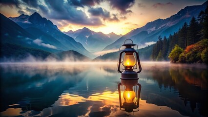 Wall Mural - Vintage Lantern Light Illuminates Serene Mountain Lake Dusk - Double Exposure Stock Photo