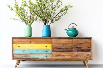 Wall Mural - Rustic Wooden Cabinet with Colorful Drawers Vases and Teapot Against White Wall Capturing Serene Home Interior Decor and Natural Light