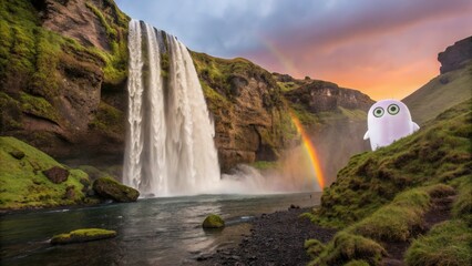 Sticker - Curious Ghost Exploring a Rainbow Waterfall