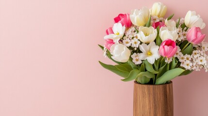 Wall Mural - Colorful tulip bouquet arranged in a wooden vase against a soft pink background 