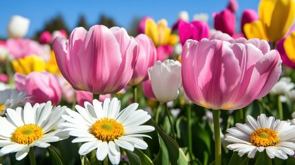 Wall Mural - Vibrant spring garden filled with pink tulips and white daisies under a clear blue sky