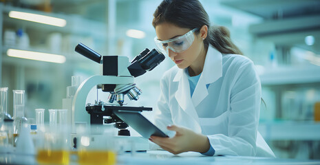 Wall Mural - scientist is looking through a microscope and taking notes
