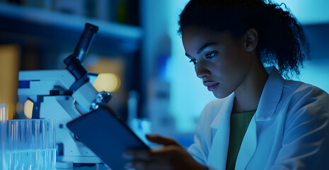 Wall Mural - scientist is looking through a microscope and taking notes