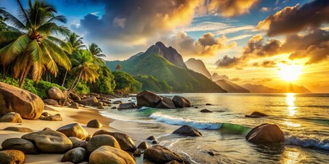 Canvas Print - Vintage Tropical Beach Scene: Majestic Mountains & Ocean Stones