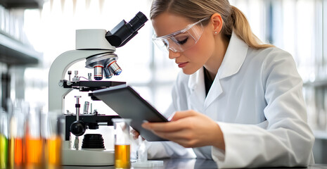 Wall Mural - scientist is looking through a microscope and taking notes