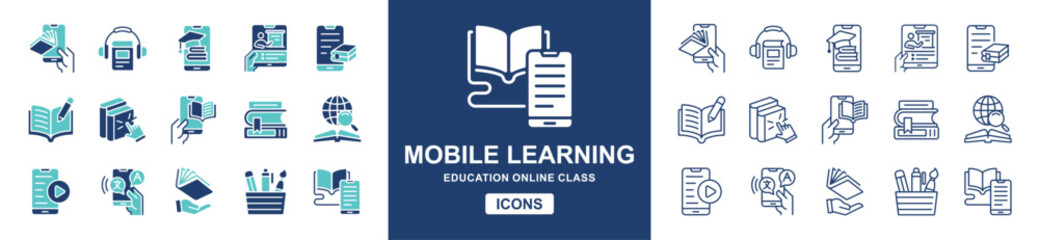 Aufkleber - education mobile learning icon set school classroom online course study learning book signs vector line illustration for web and app