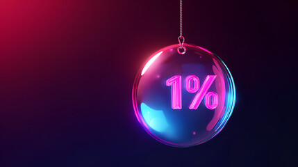 glass holographic falling circle sale tag or label with percent sign render. Rainbow crystal round shopping discount badge with pink blue gradient. Offer, price, bank interest rate