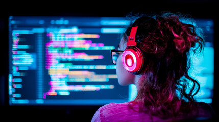 Developer Coding: A programmer is working on the computer wearing red headset. Concept: Software Development, Design for print, banner, web