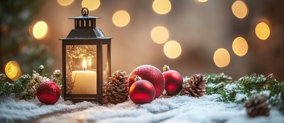 Wall Mural - a glowing lantern with a candle, red ornaments, pinecones, and snow-covered branches against a golde