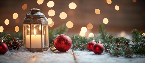Wall Mural - a rustic lantern with a glowing candle, red ornaments, pinecones, and snowy branches against a golde