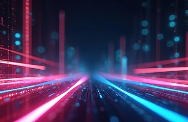 Poster - Futuristic abstract background with pink, blue glowing neon lines. High speed data transfer illustration. Modern cyber wallpaper, digital design conveys energy, dynamic motion, innovation, science,