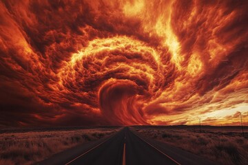 Wall Mural - an extremely large red super typhoon or tornado hovering around an open field in a rural part of a s