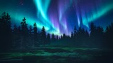 The digital landscape image depicts a serene forest with dark evergreen trees, aurora borealis, and a mesmerizing northern lights display, surrounded by grass and fallen logs in the foreground.