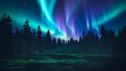 the digital landscape image depicts a serene forest with dark evergreen trees, aurora borealis, and 