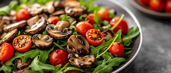 Wall Mural - Freshness Fungus Gourmet, Fresh and Vibrant Mixed Mushroom Salad with Arugula and Cherry Tomatoes