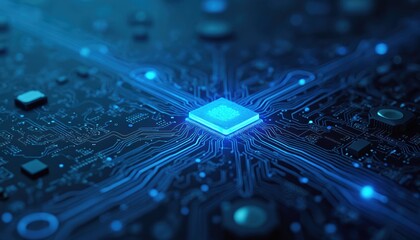 Leinwandbilder - Illustration of glowing blue electronic circuit board. Computer chip, CPU elements. AI tech, abstract futuristic background. Modern digital technologies, data processing. Electronic engineering,