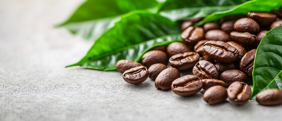 Wall Mural - Dark Nutty Bitter, Close-up of Coffee Beans with Fresh Green Leaves on White Background, Organic and Eco-Friendly Lifestyle Concept