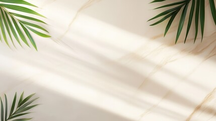 Wall Mural - Sunlit marble background with green palm leaves casting shadows, creating a serene atmosphere