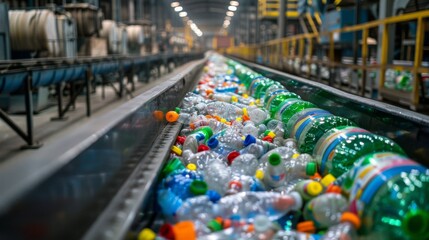 Aufkleber - A conveyor belt in a recycling facility carries an array of plastic bottles and containers, highlighting the importance of waste management in the industrial process.