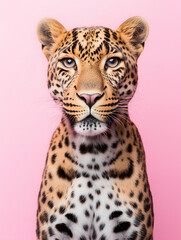 Wall Mural - Pink background portrait: jaguar or leopard.