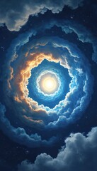 Aufkleber - Cosmic illustration of swirling clouds and stars. Gold and blue spiral toward each other in sky. Space vortex abstract background with glow in center. Universe exploration with light.