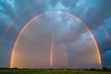 Wall Mural - Double rainbow against a blue and grey stormy sky at sunset, sunset, double rainbow