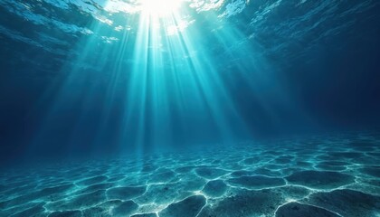 Wall Mural - underwater scene with sunbeams piercing blue ocean. deep water shows seabed with sand pattern. light