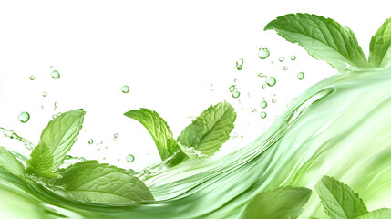 water splash with green tea or mint leaves isolated on white background. Abstract liquid wave curve fluid flow with leaf for menthol drink or mouthwash Ad banner