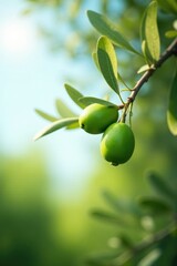 Wall Mural - Olive branch with green olives against a bright morning sky, morning light, tree