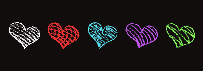 Wall Mural - set of colorful hearts signs drawn by wax pencil. love symbols in doodle style. collection of hand d