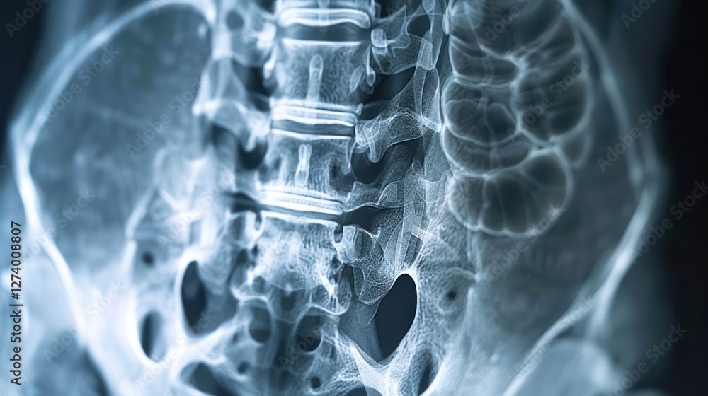 X-ray image of a human pelvis and lower spine, illustrating bone ...