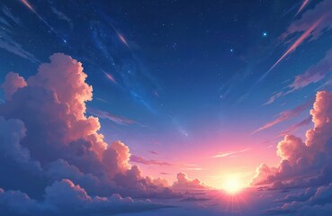 Aufkleber - Anime wallpaper art. Fantasy sky with beautiful star falls, flares. Starry night view, digital painting. Sunrise with colorful clouds, sunlight, landscape. Sky view anime style, beautiful evening
