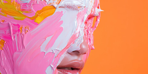 Wall Mural - Woman's Face Partially Covered in Pink, White, and Orange Paint