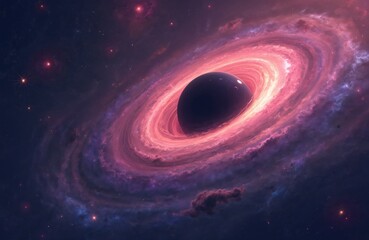 Fototapete - Digital art illustration of black hole in open space with galaxy, milky way, cosmos, cosmic nebula, star dust. Dark mysterious gravity singularity space exploration illustration. Fractal energy light