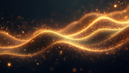 Poster - Shimmering abstract design with flowing golden waves, sparkling particles on dark backdrop. Festive illustration luxury, celebrations, wealth. Dynamic motion graphic design suits elegant backgrounds,
