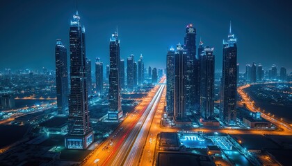 night aerial view of illuminated riyadh city, saudi arabia. cityscape features modern architecture, 