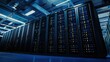 © TommyNa - A futuristic data center with dark blue server racks and glowing LED lights, representing advanced cloud computing and cybersecurity. Ideal for technology and digital infrastructure concepts