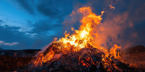 Wall Mural - Large Bonfire Burning at Dusk