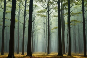 Wall Mural - trees in a forest with a bench in the middle of the woods