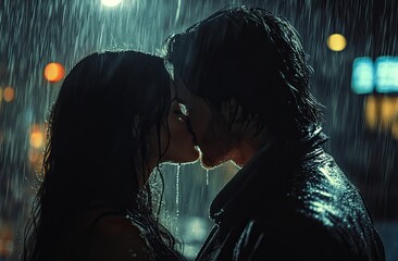 Wall Mural - two people kissing in the rain. The woman has long dark hair, and the man has medium-length black wavy hair.