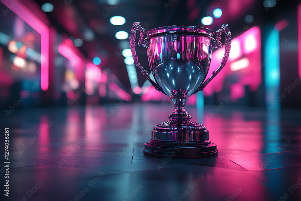 A futuristic esports championship trophy displayed on a grand stage ...