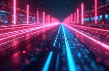Poster - Abstract futuristic background with pink, blue, glowing neon high speed lines, bokeh lights. Data transfer concept. Fantastic wallpaper, modern design. Tech digital motion, dynamic energy background.